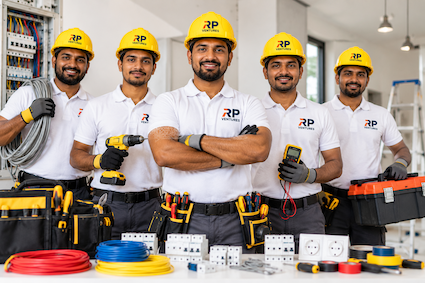 RP Ventures electrical service team with tools and safety helmets